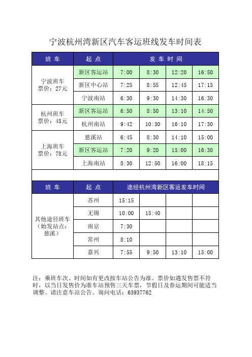 宁波杭州湾新区汽车客运班线发车时间表