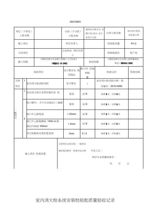 室内消火栓系统安装检验批质量验收记录
