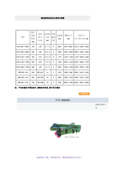振动给料机系列主要技术参数