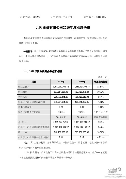 九阳股份2010年度业绩快报