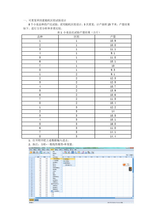 用spss20进行可重复单因素随机区组、两因素随机区组、两因素裂区试验设计及方差分析