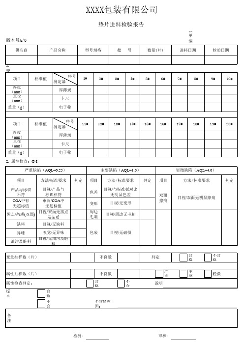 垫片进料检验报告