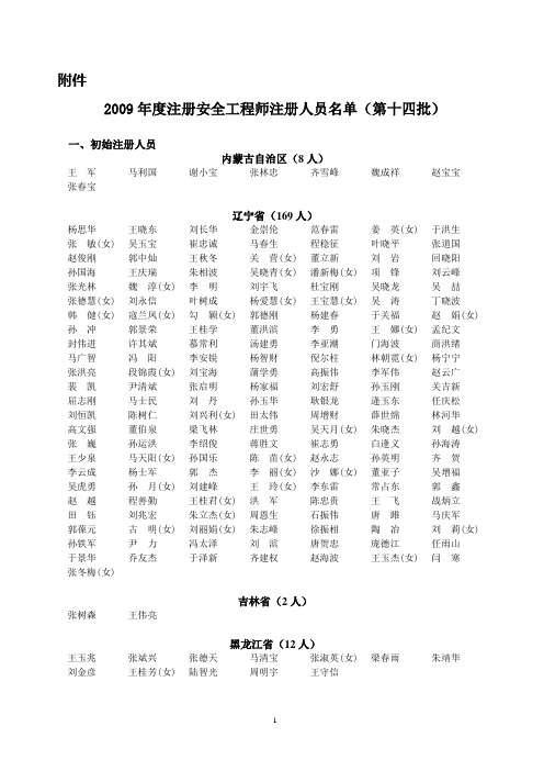 2009年度注册安全工程师注册人员名单(第十四批)