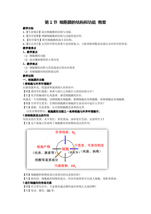 3.1 细胞膜的结构和功能(教案) 2024-2025学年高一上学期生物人教版必修1