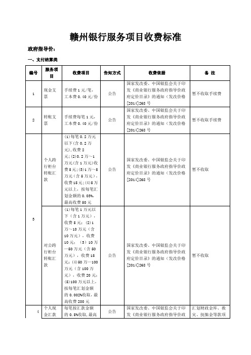 赣州银行服务项目收费标准