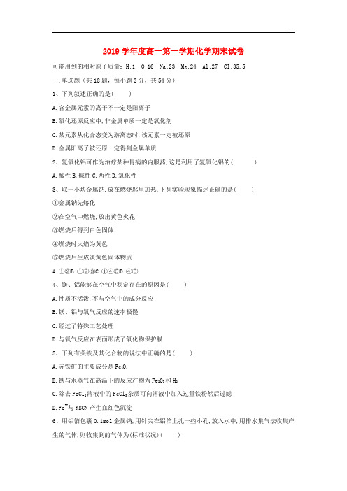 2020学年高一化学上学期期末考试试题 人教新版