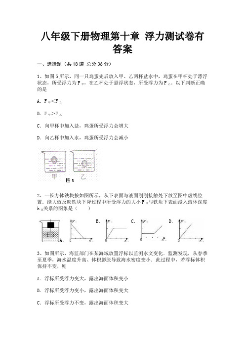 八年级下册物理第十章 浮力测试卷有答案(有解析)