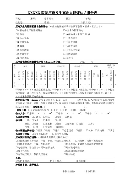 压疮发生高危人群评估、报告表