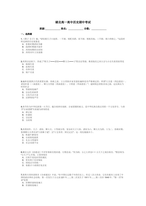 湖北高一高中历史期中考试带答案解析
