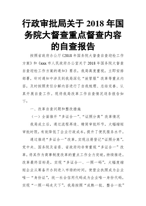 行政审批局关于2018年国务院大督查重点督查内容的自查报告
