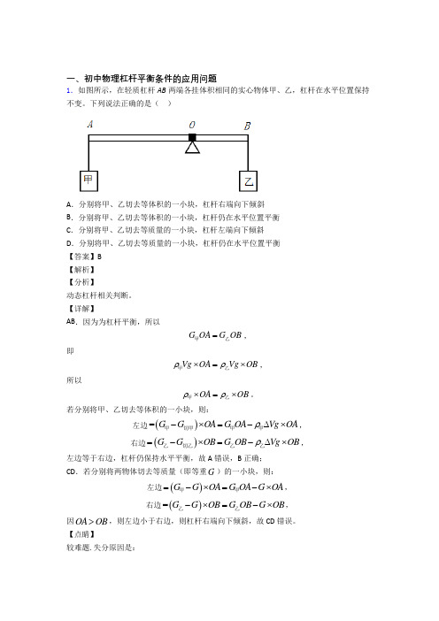 2020-2021中考物理综合题专练∶杠杆平衡条件的应用问题