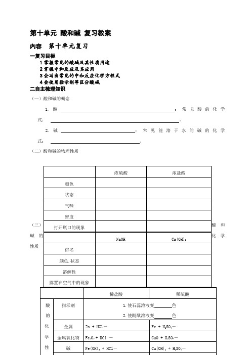 人教版化学九年级下册第十单元酸和碱复习教案