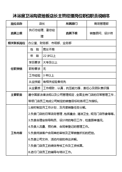 沐浴房卫浴陶瓷地板门窗店长主管经理岗位职位职责说明书