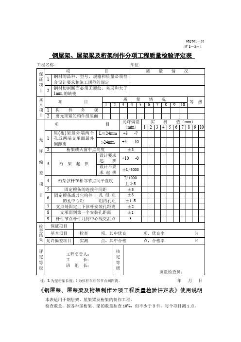 钢屋架、屋架梁及桁架制作分项工程质量检验评定表