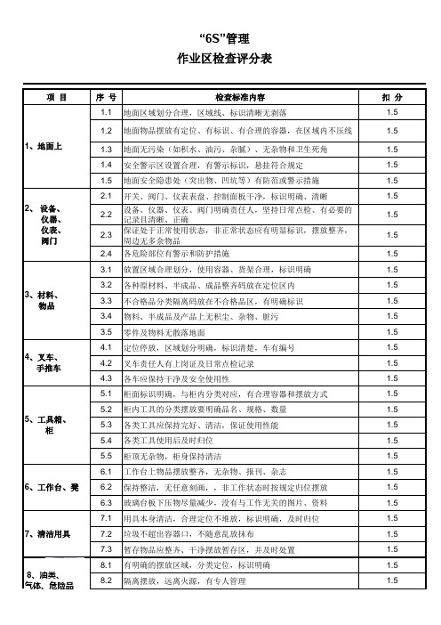 6S生产区管理检查评分表