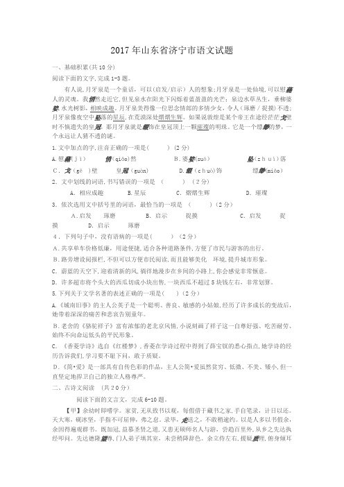 2017年山东省济宁市中考语文标准答案及解析