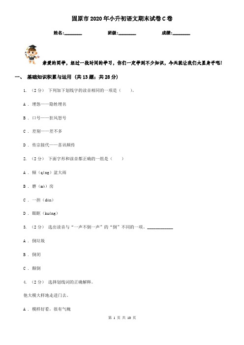 固原市2020年小升初语文期末试卷C卷