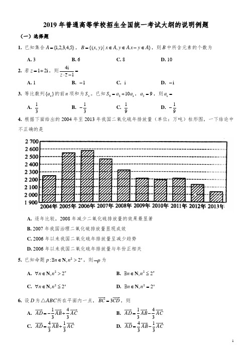 (完整版)2019高考考纲说明题型示例-理科数学-含简版答案