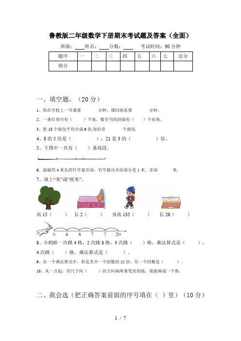 鲁教版二年级数学下册期末考试题及答案(全面)