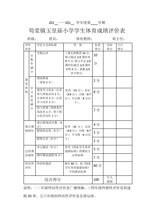 学生体育学业评价表