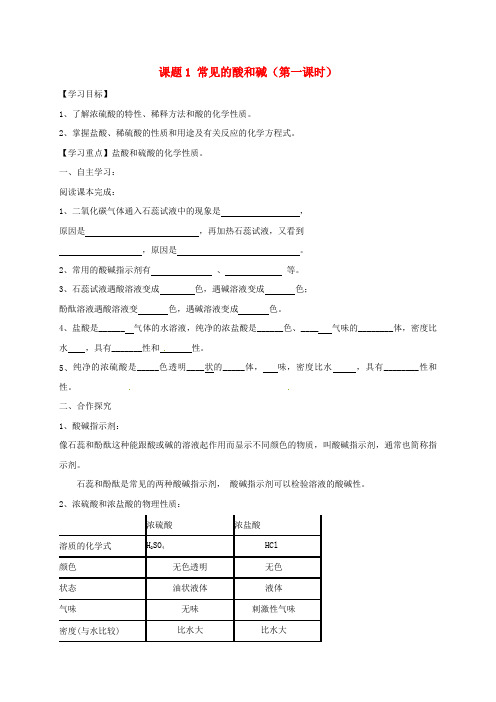 河北省保定市雄县九年级化学下册 第10单元 课题1 常见的酸和碱(第1课时)导学案(无答案)(新版)新人教