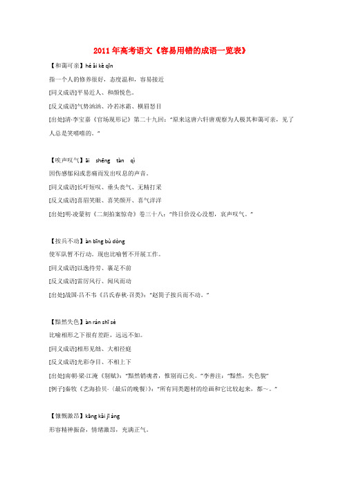 高考语文 《容易用错的成语一览表》复习