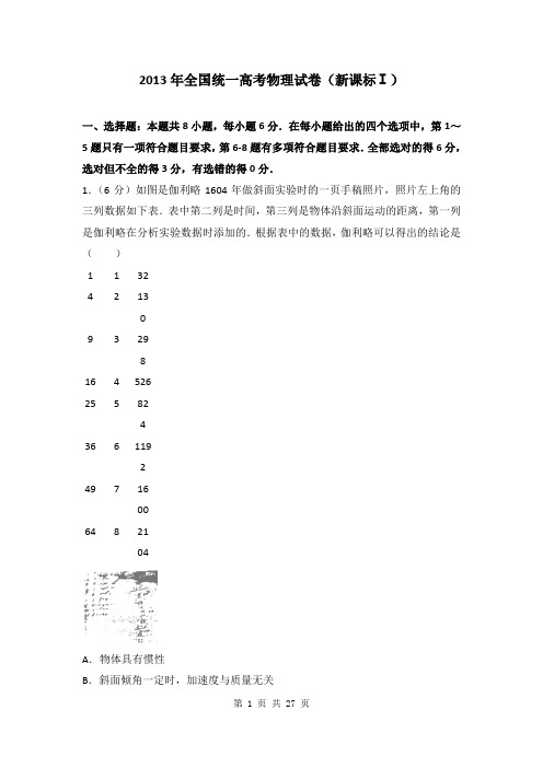2013年全国统一高考物理试卷(新课标ⅰ)