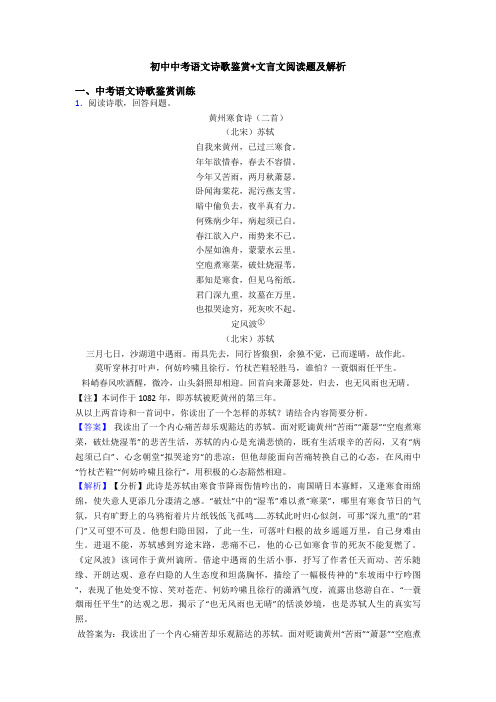 初中中考语文诗歌鉴赏+文言文阅读题及解析