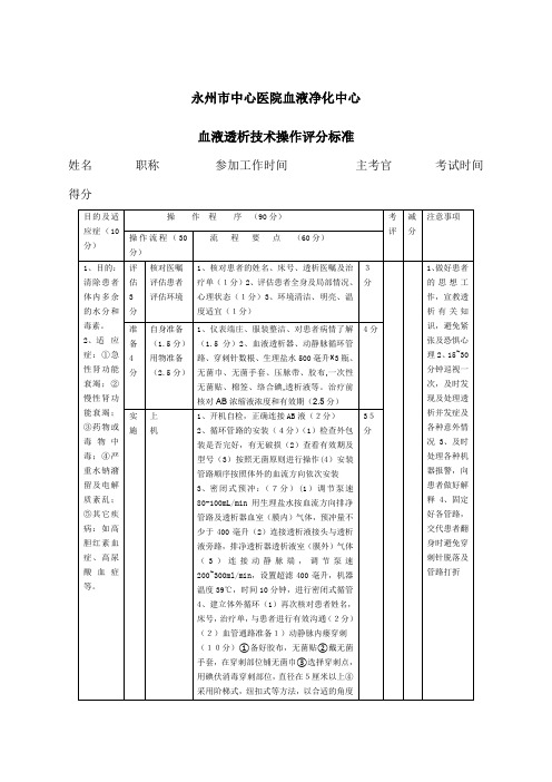 血液透析技术操作评分标准