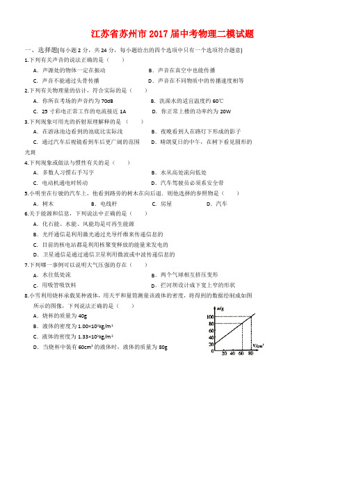 江苏省苏州市中考物理二模试题(2)