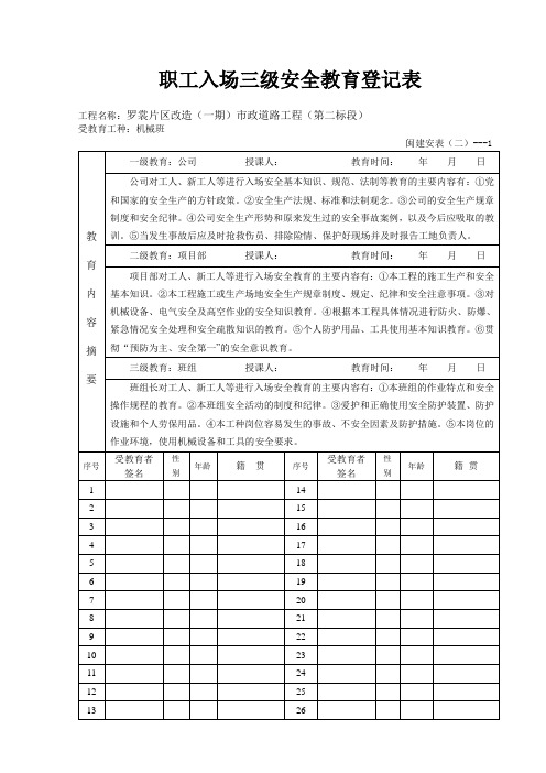 2(挖掘机操作)三级安全教育登记卡、登记表、安全教育内容