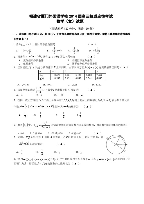 2014福建省厦门外国语学校高三校适应性考试数学文试题含答案