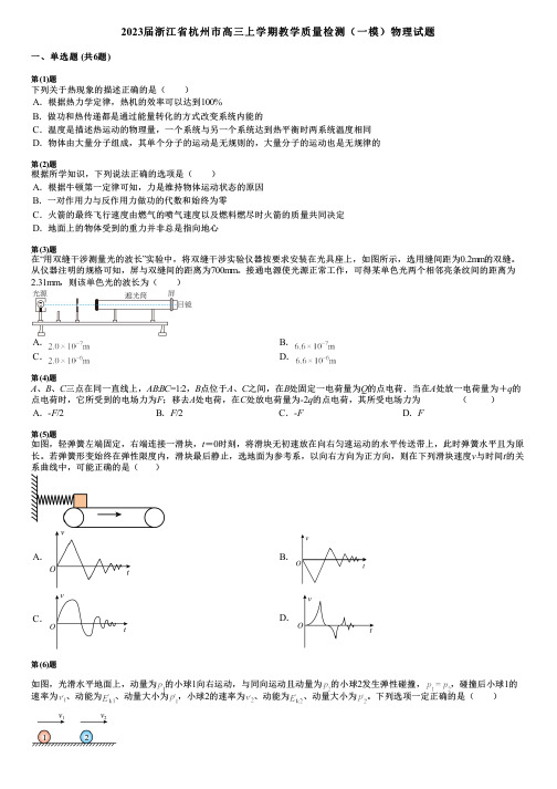 2023届浙江省杭州市高三上学期教学质量检测(一模)物理试题