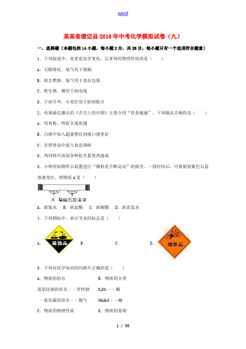 海南省澄迈县中考化学模拟试卷(九)(含解析)-人教版初中九年级全册化学试题