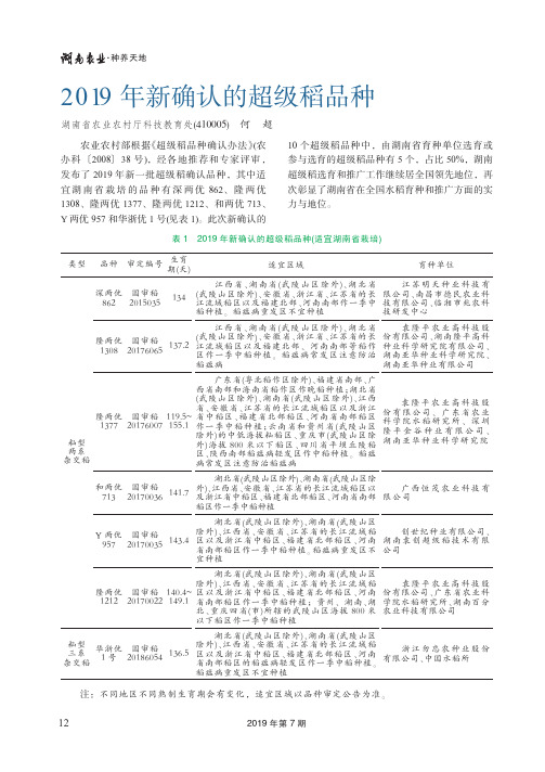 2019年新确认的超级稻品种