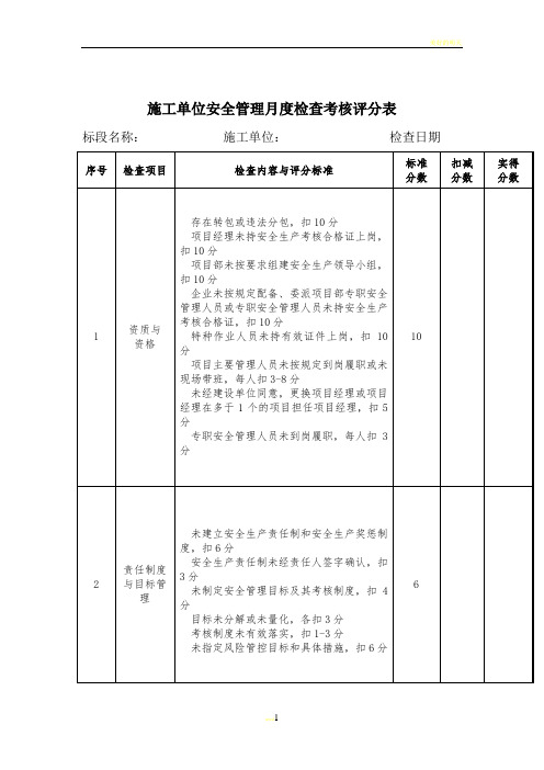 施工单位安全管理月度检查考核评分表