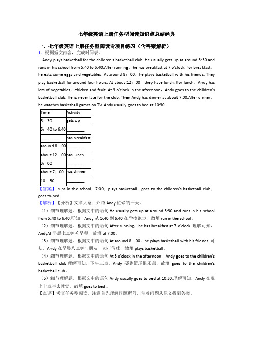 七年级英语上册任务型阅读知识点总结经典