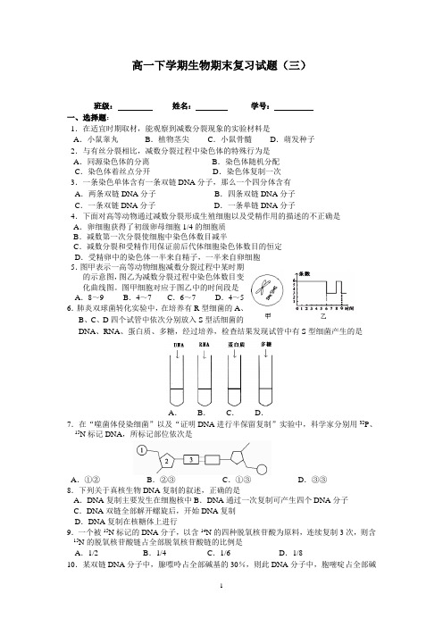 2013-2014学年高一生物(苏教版)下学期期末复习试题(三)