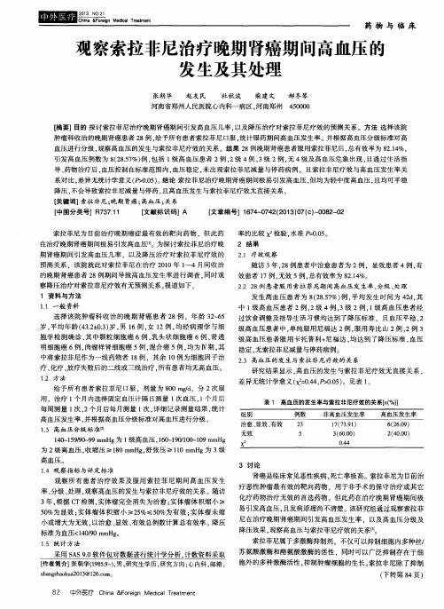 观察索拉非尼治疗晚期肾癌期间高血压的发生及其处理