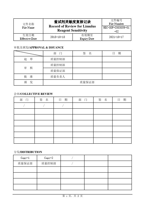 鲎试剂灵敏度复核记录