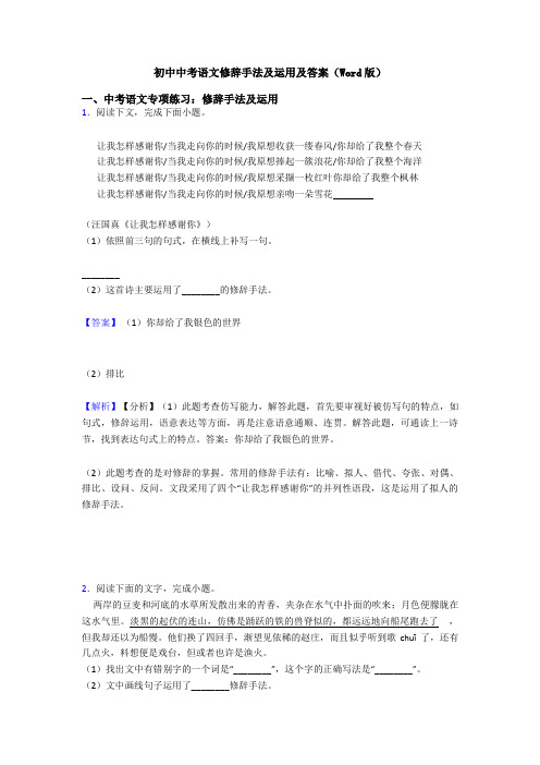 初中中考语文修辞手法及运用及答案(Word版)