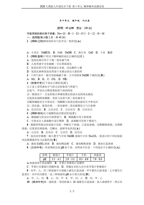 2020人教版九年级化学下册 第十单元 酸和碱考试测试卷