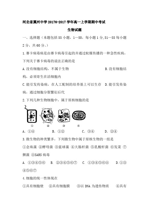 河北省冀州中学2016-2017学年高一生物上册期中考试题