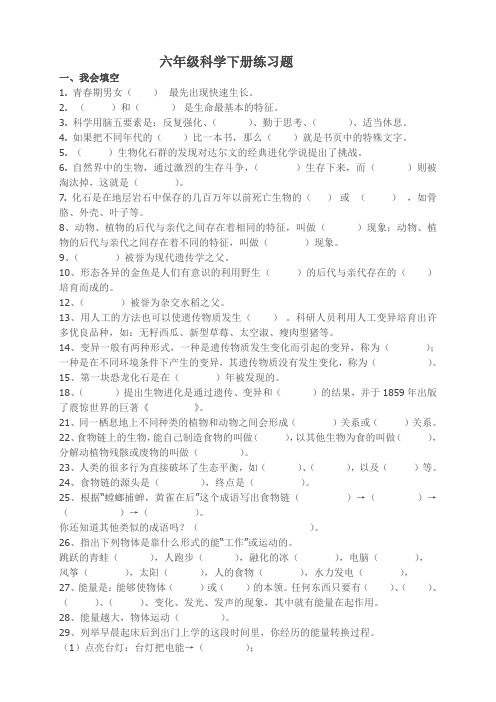 教科版小学六年级科学下册练习题全册