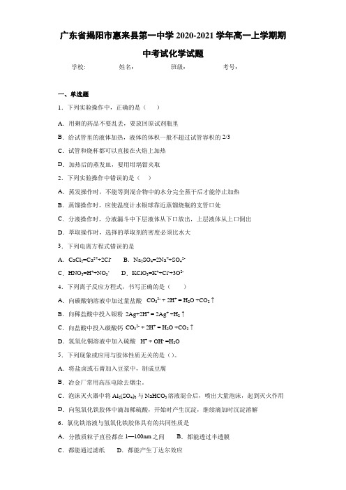 广东省揭阳市惠来县第一中学高一上学期期中考试化学试题