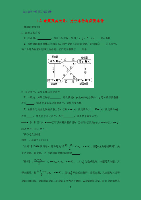 高三数学一轮复习精品学案1：1.2 命题及其关系、充分条件与必要条件