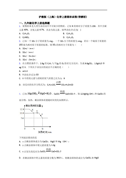 沪教版(上海)化学初三化学上册期末试卷(带解析)