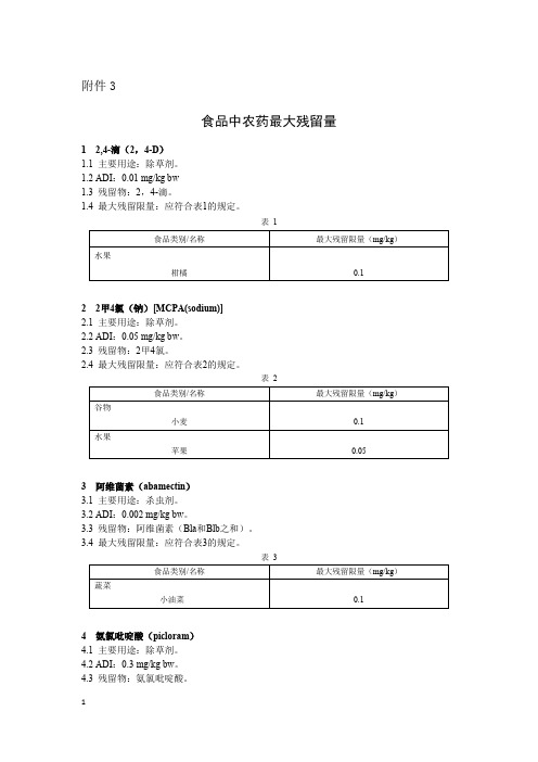 食品中农药最大残留量