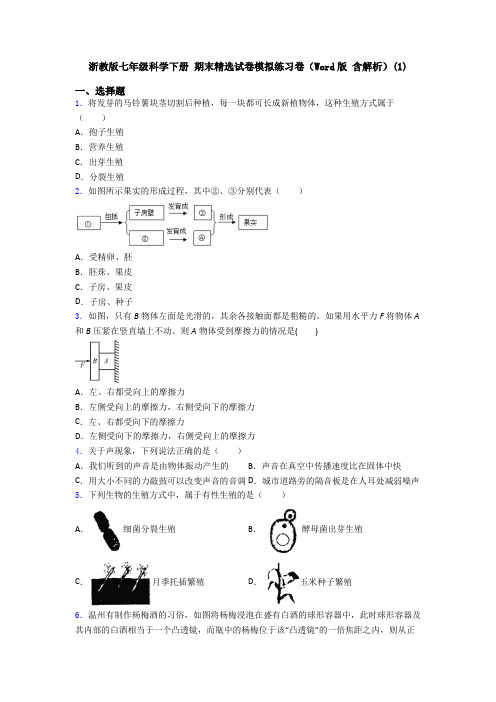 浙教版七年级科学下册 期末精选试卷模拟练习卷(Word版 含解析)(1)