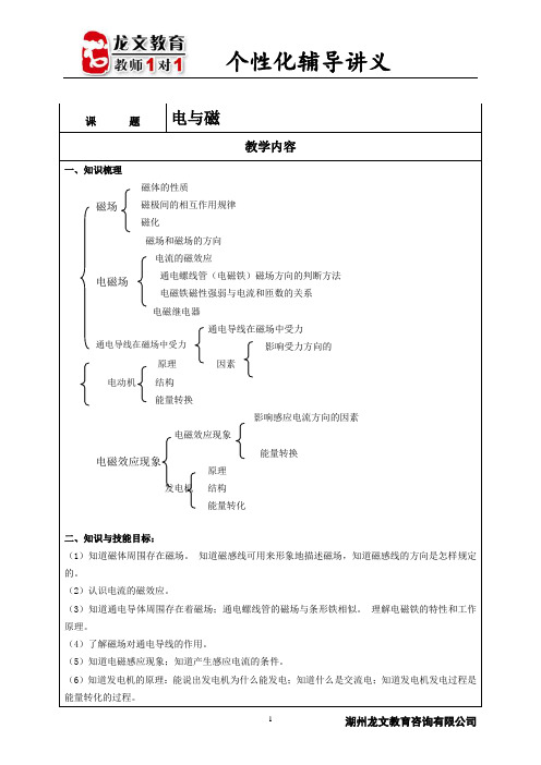 初中科学电与磁复习教案